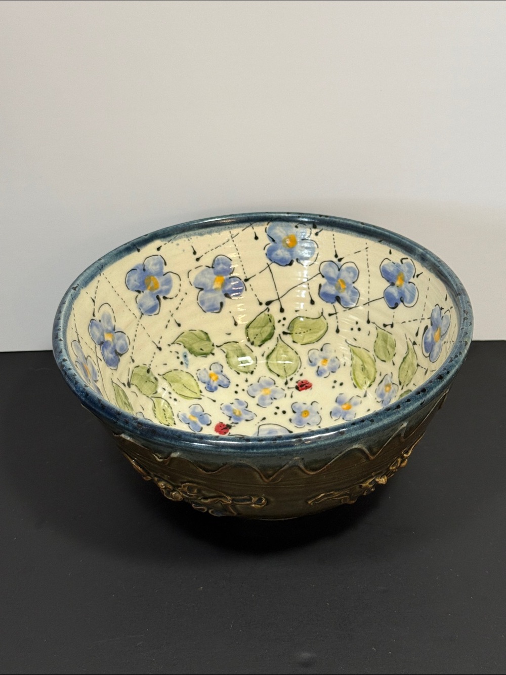 Inge Englert Pottery Hand-Painted Floral Ceramic Bowl - Blue and Cream